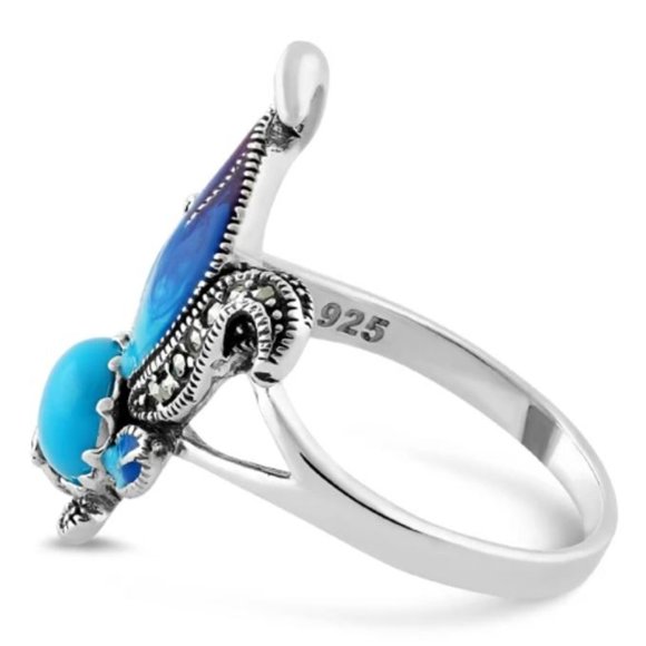 925 STERLING SILVER Simulated Turquoise Fish Ghost Marcasite Ring - Picture 15 of 16